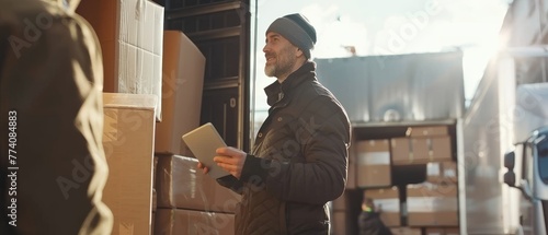 An inventory manager uses a tablet computer outside a Logistics Distributions warehouse as he speaks to a worker loading cardboard boxes onto delivery trucks. Online orders, purchases, and e-commerce
