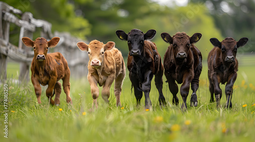 A group of curious calves, with a wooden fence in the background, during a playful romp in the pasture