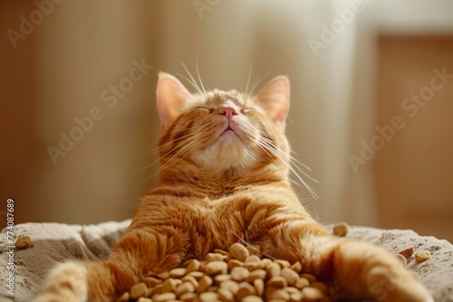 Ginger cat with closed eyes basking in sunlight atop almond-shaped kibbles, reflecting serene pet moments, Concept of animal leisure and wellbeing