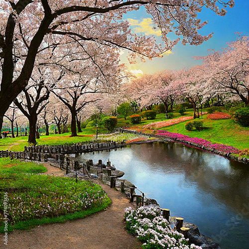 벚꽃이 핀 아름다운 호수