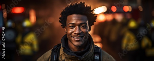 Portrait of handsome afro fireman wearing firefighter suit for safety, banner. Generative AI.