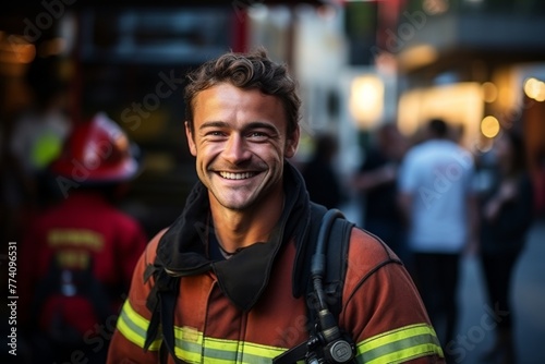 Portrait of handsome european fireman wearing firefighter suit for safety. Generative AI.