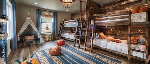 A rustic young boys bedroom with bunk beds and play tent --ar 7:3 --v 6.0 - Image #1 @kashif320