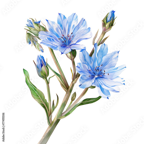 Cichorium intybus watercolor illustration, herb, plant, flower