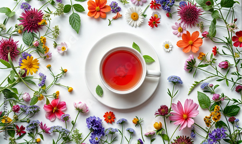 cup of herbal tea and summer wild flowers wallpaper seen from above 