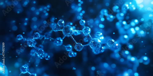 Biochemistry molecular or atom structure in medical science, blue abstract background. macromolecule proteomics research technologies. 3D render. 