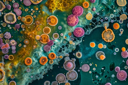 Microbial landscape, magnified view of bacterial colonies resembling an aerial earth view, vibrant and detailed, in a scientific exhibition