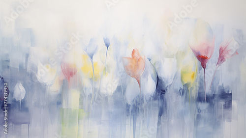 Delicate white tulips flowers, a symbol of love and happiness, a fragrant spring flower bed, a romantic gift for March 8 in watercolor paints