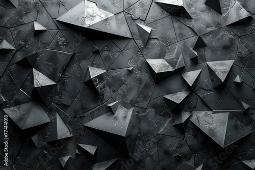 A detailed close-up of black textured geometric shapes that create a complex pattern ideal for the background of futuristic or contemporary designs