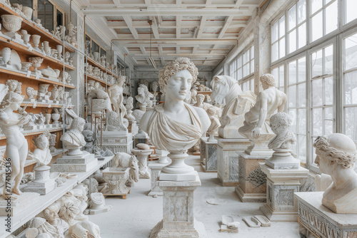  Una gran sala utilizada como laboratorio de artistas, llena de esculturas: columnas de mármol, bustos, grandes animales