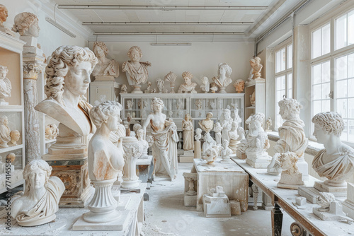  Una gran sala utilizada como laboratorio de artistas, llena de esculturas: columnas de mármol, bustos, grandes animales