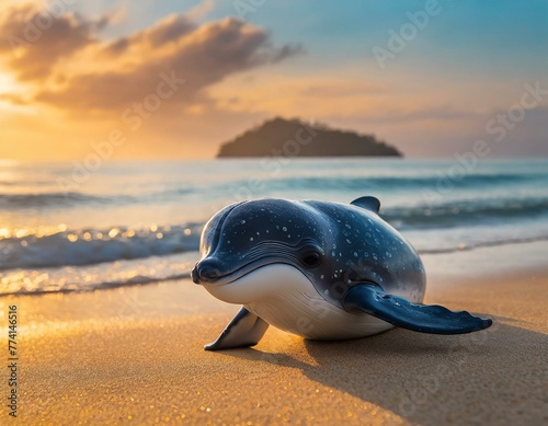 baleia golfinho bonito do bebê sentado na praia de areia ao pôr do sol