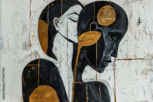Una pintura abstracta de dos personas enamoradas, una sosteniendo a la otra con una mano en la cabeza, utilizando formas simples en blanco y negro con detalles en dorado sobre un fondo blanco.