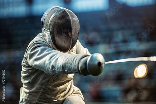 Man in a fencing suit and mask stabs an opponent with a sword.