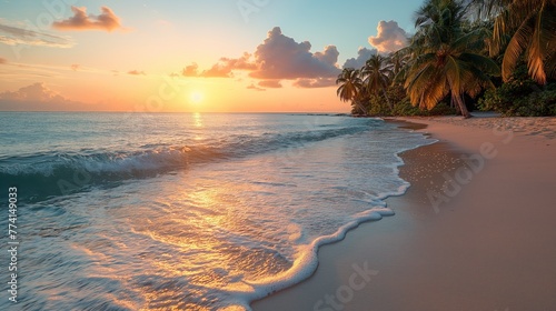 Idyllic tropical beach at golden sunset