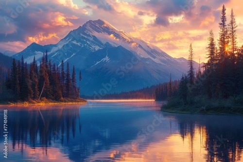 Majestic mountain reflection in tranquil lake at sunrise