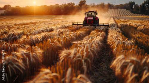 A combine harvester harvests wheat grain