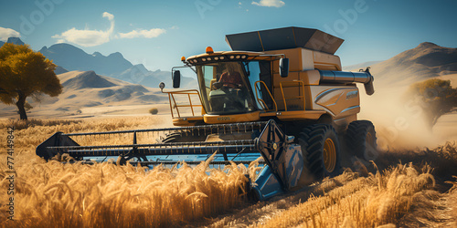A powerful combine harvester moves through vast golden wheat fields, harvesting the ripe grain