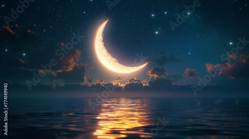 3D illustration of the moon in the sea at night among the stars.