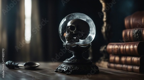 A sinister and cursed crystal ball with a skull pedestal, a black cloth, and a dagger. It smokes 