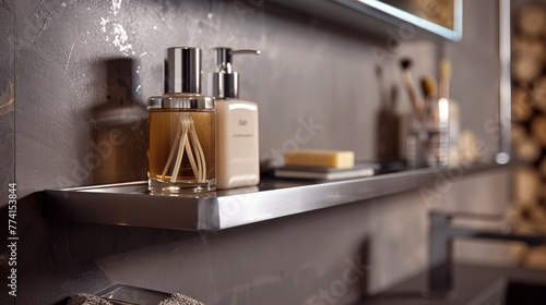 Detail shot of a sleek bathroom shelf rack, highlighting creative and inspired shelving ideas for functional elegance