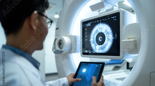 A professional in a lab coat uses a tablet to operate an ocular scanning machine with an eye on the display