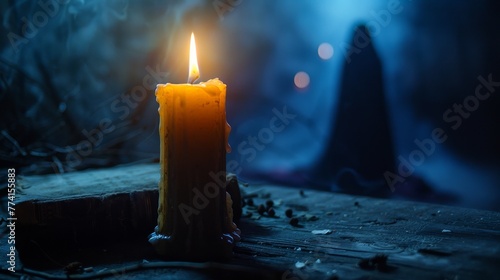 A Gothic-style burning candle illuminates an ancient tome, with a shadowy figure of a witch in the background, mystery and magic abound