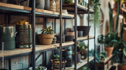 A close-up on a metal shelf rack filled with creative decor, emphasizing unique and inspired shelving solutions for stylish storage