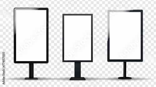 Modern realistic illustration of rectangular wall lightboards, blank white screen in black metal or plastic frame, outdoor advertising mockups.