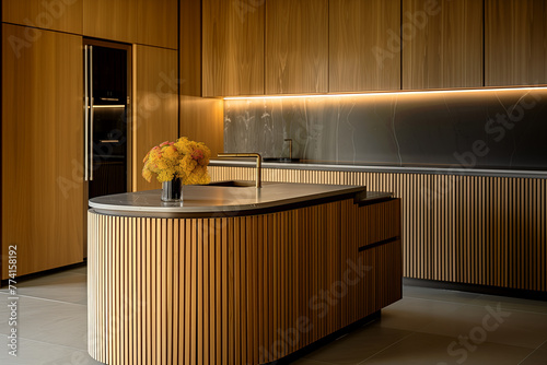 A modern kitchen with wood cabinets and wood slat rounded island and lower cabinets. Gold faucets sit on black marble countertops with a black marble backsplash.