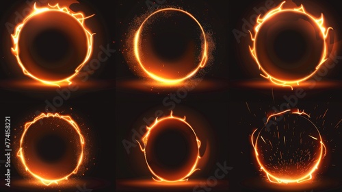 The orange glowing ring is a fire circle portal with flames and sparkles loading progress steps. Illustration set of different process stages of orange bright neon glowing ring appearance.