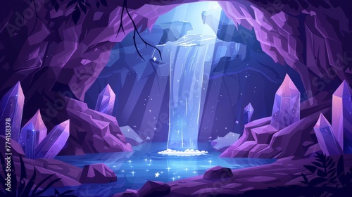 Underwater cave with river, waterfall and gemstone crystals. Cartoon deep landscape with view through entrance or hole in the stone cavern on water lit by moonlight.