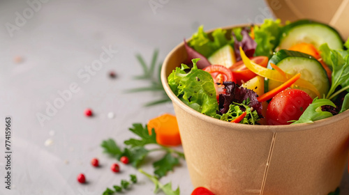 Take away salad in disposable craft paper bowl on white background, food concept mockup