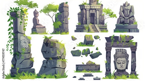 In the jungle lies an ancient ruin of ancient lost civilization buildings and statues. Cartoon modern illustration of a stone temple with green liana vines. Destroyed abandoned monument and ruin.