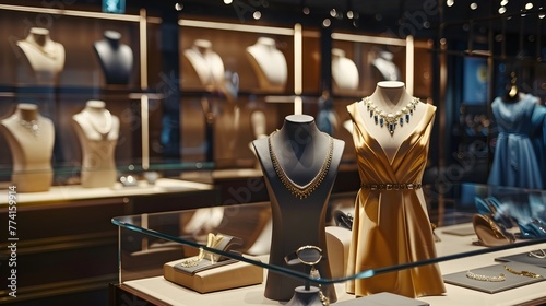 Modern Retail Shop Showcasing Stylish Formal Attire and Sparkling Jewelry generative ai