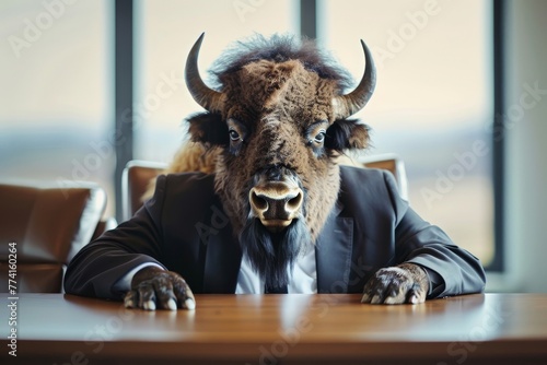 A bison in a corporate strategy room, wearing a robust suit, representing resilience and solid planning