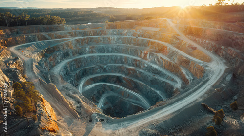 Aerial drone shot, top-down view, open pit diamond mine on sunny day, bright, sunny, natural light. Mining natural resources