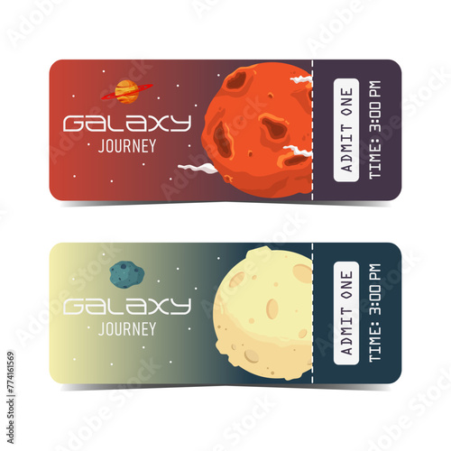 Set of tickets templates with gradient space background. Hand drawn planets and celestial bodies. Admission for planetarium, exhibition and show