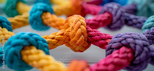 colorful rope with knots in it, colorful ropes on a white background. A conceptual representation for network connection or team collaboration