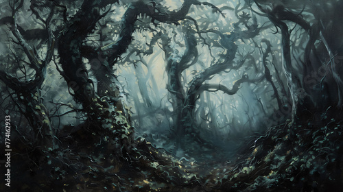 Mystical Forest Path Digital Oil Painting with Ethereal Light
