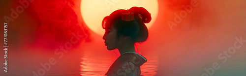 Beautiful Japanese geisha and the red sun
