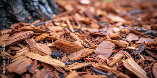 Recycled wood chips from tree bark mulching and enriching soil in sustainable farming, Generative AI 