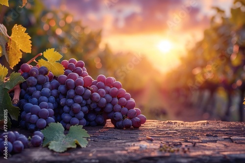 Ripe grapes bunch on the vine with a sunset over the vineyards in the background, saying harvest and winemaking