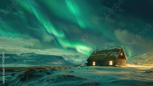 The breathtaking sight of the Northern Lights dancing over a snow-covered Icelandic landscape, with a traditional turf house in the foreground.