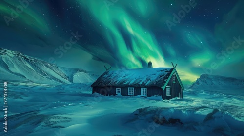 The breathtaking sight of the Northern Lights dancing over a snow-covered Icelandic landscape, with a traditional turf house in the foreground.