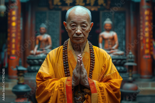  Imagen de un monje chino de 60 años de pie con gracia en un famoso templo. Su rostro y rasgos faciales son ligeramente regordetes, y emana un aura amable. Está adornado con un hanfu amarillo y rojo, 