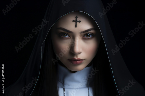 Mysterious religious person nun priest in church robe serious face expression Generative AI illustration