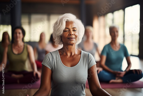Different age people doing yoga nature park private club spirituality concept Generative AI