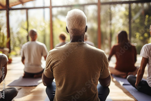 Different age people doing yoga nature park private club spirituality concept Generative AI