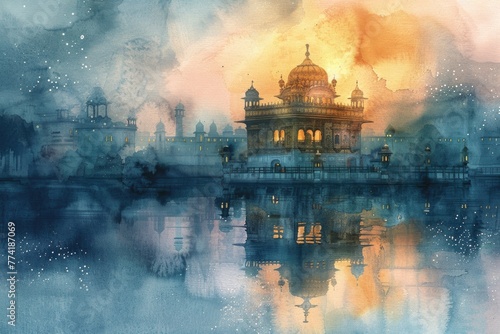 An atmospheric watercolor banner of a Sikh Gurdwara at dawn, reflecting spirituality and the sacred